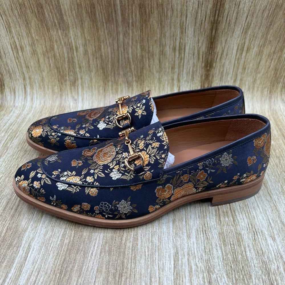 TAFT The Russel in Eden Men's 9 EU 42 Navy Gold Floral Jacquard Horsebit Loafers